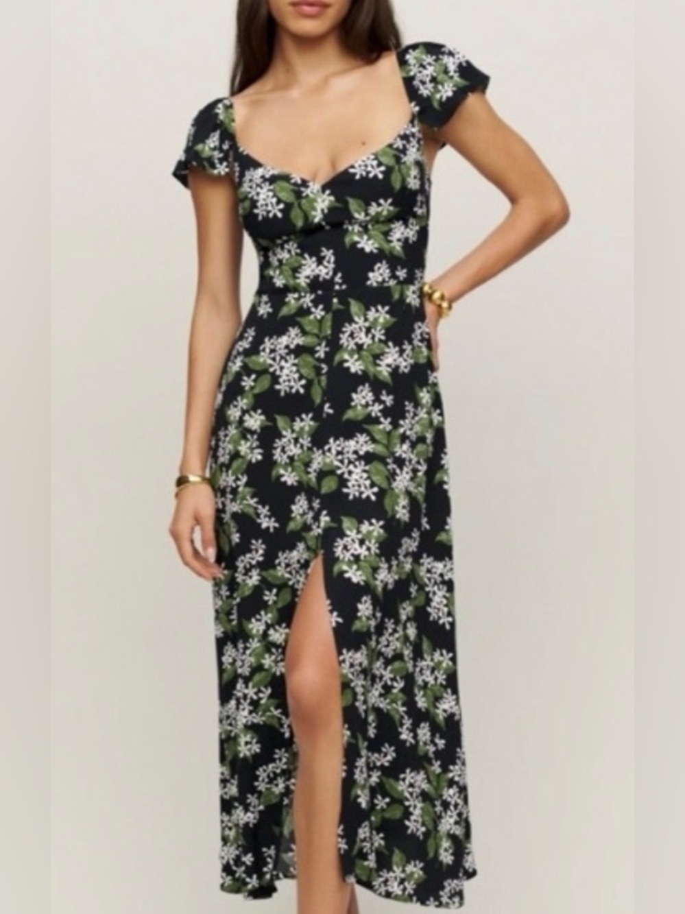 NWOT Reformation Baxley Black and Green Floral Print Midi Dress